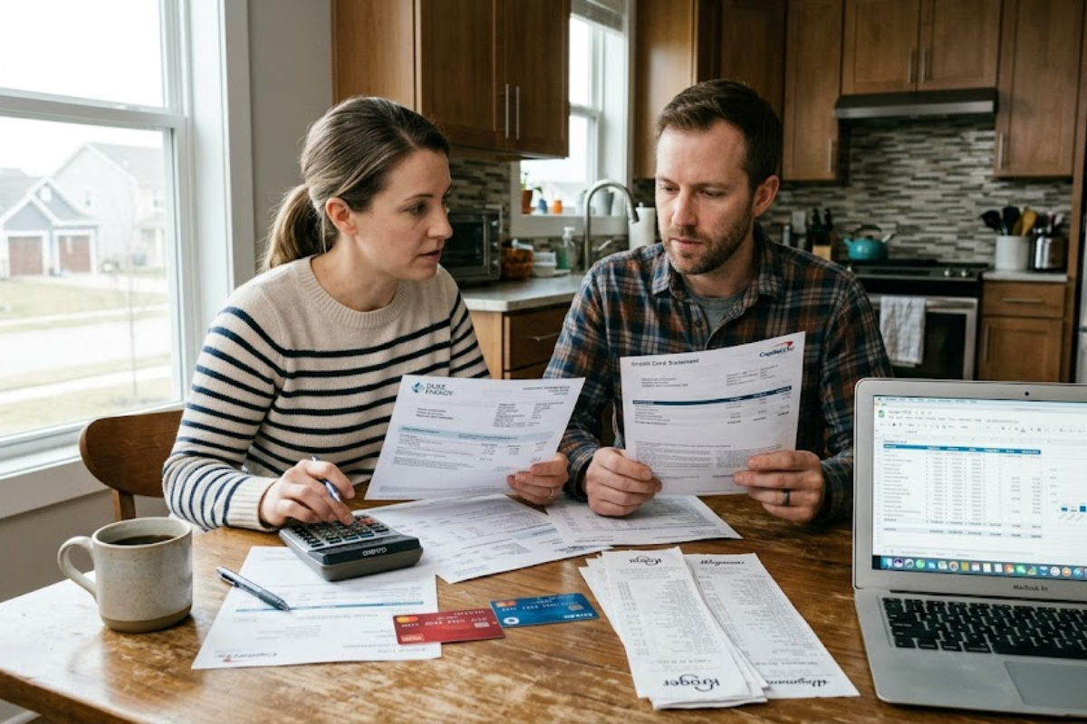Couple reviewing bills, credit card statements, and household expenses at home in the U.S.